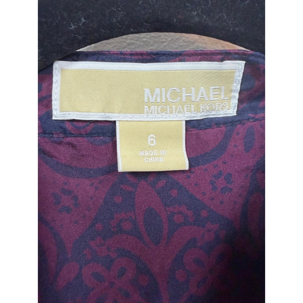 Michael Kors Pure Silk Pintuck Blouse Purple Navy Damask Paisley Top Size 6 - Picture 2 of 10
